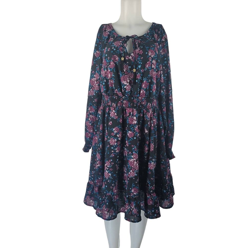 Torrid Black Pink Blue Floral Long Sleeve Skater Dress 2 -2X - 18/20